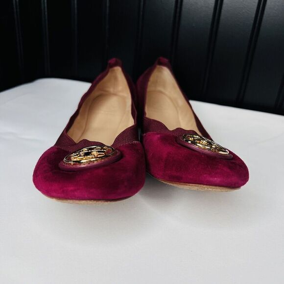 Tory Burch 7.5 Caroline 2 Ballet Flats Shoes Slipons Cabernet Suede Leather Red - Picture 8 of 12